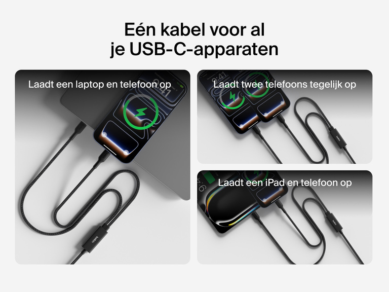 Belkin BoostCharge Pro gevlochten USB-C/2x USB-C-kabel die een laptop en een telefoon, twee telefoons of een tablet en een telefoon gelijktijdig op kan laden met tot 140 W.